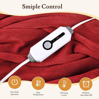 Electric Heated Blanket 72"x84" Full Size Coral Fleece - 4 Heat Settings & 10H Auto Shut Off for Safe Overnight Use, Fast Heating, Machine Washable for Bed, Couch, Office - Red