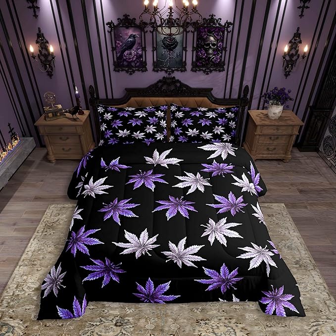 Erosebridal Purple Leaves Comforter Set King, Leaves Bedding for Kids Teens Adult,Tropical Botanical Down Comforter,Exotic Plant Bedding Comforter Sets,Lightweight