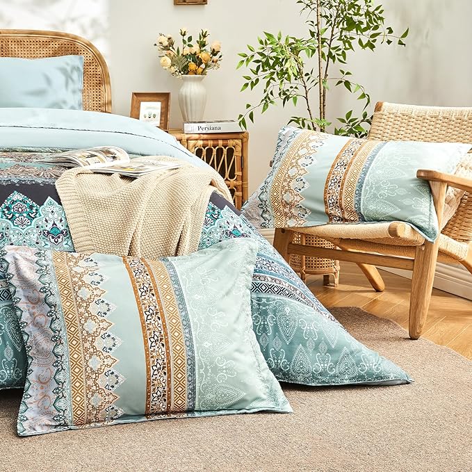 Boho Comforter Set Queen - 7 Pieces Bed in a Bag, Bohemian Striped Comforter Set with Sheets, Soft Microfiber Sage Green Floral Bedding Set for All Season