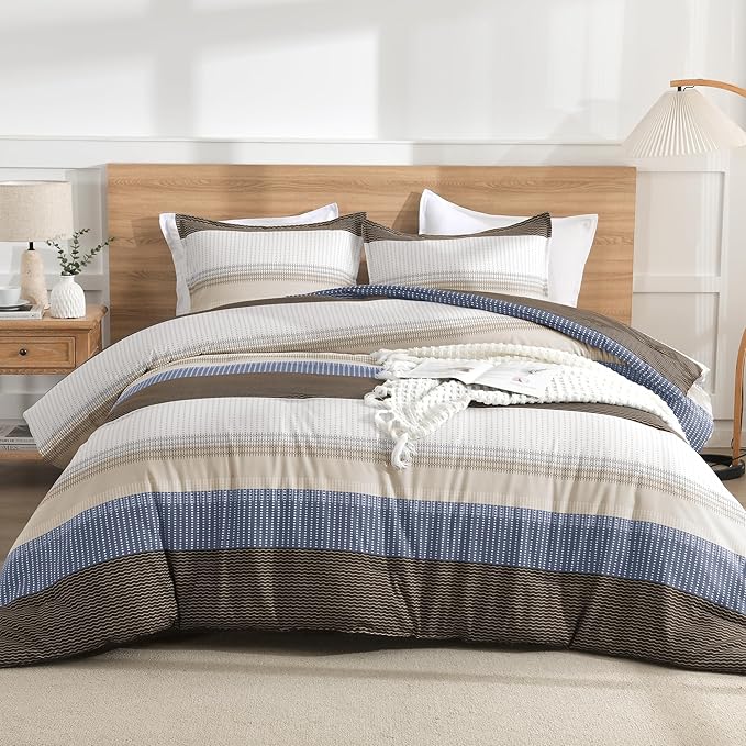 Litanika Full Comforter Set Blue Brown - 3 Pieces Lightweight Fluffy Bedding Comforter Sets, All Season Down Alternative Comforter (1 Comforter, 2 Pillowcases)