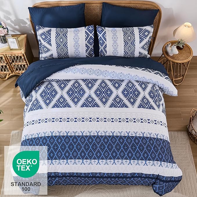 Luxudecor Blue Comforter Set King Size 7 Pieces,Boho Aztec Comforter with Sheet Set,Geometric Striped Pattern Bed in a Bag,Soft Microfiber Bed Set 104"x90"