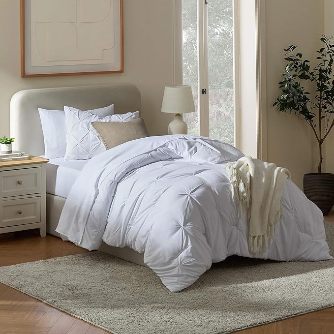 Nestl Twin Comforter Set 5 Piece - Pintuck Twin Bedding Sets White, College Dorm Room Essentials for Girls and Boys Bed in a Bag Twin All Season, Twin Comforter Set with Sheets, Pillowcase and Sham