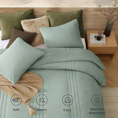 Monbix Fluffy Queen Comforter Set Sage Green, Sherpa Plush Fuzzy Comforter 3 Piece for Queen Size Bed, Luxury Soft Winter Warm Bedding Set