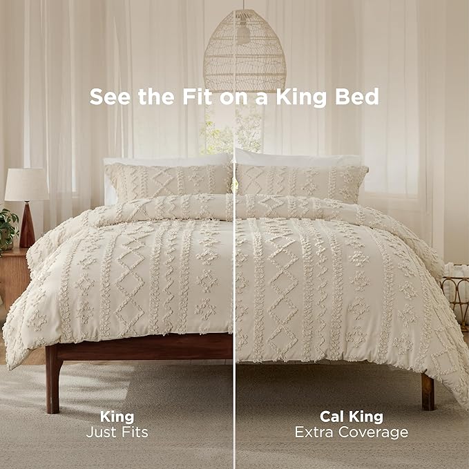 Bedsure Tufted Boho Comforter Set California King Size - Beige Boho Bed Set, GentleSoft™ 3 Pieces Farmhouse Shabby Chic Embroidery Bedding, Gifts for Woman, Soft Jacquard Comforter for All Seasons