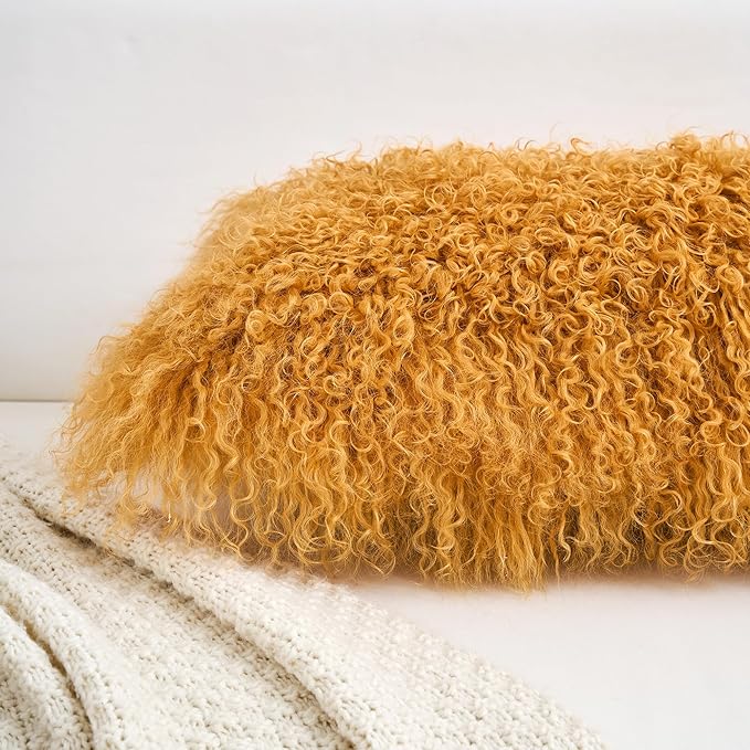 Genuine Mongolian Lamb Fur Pillow Cover – 12"x20" Rectangular Cushion Case – Soft Curly Wool Decorative Accent for Sofa, Bed, or Chair (Mustard Yellow)