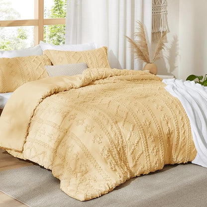 Bedsure Tufted Boho Comforter Set King Size - Yellow Boho Bed Set, GentleSoft™ 3 Pieces Farmhouse Shabby Chic Embroidery Bedding, Gifts for Woman, Soft Jacquard King Comforter for All Seasons