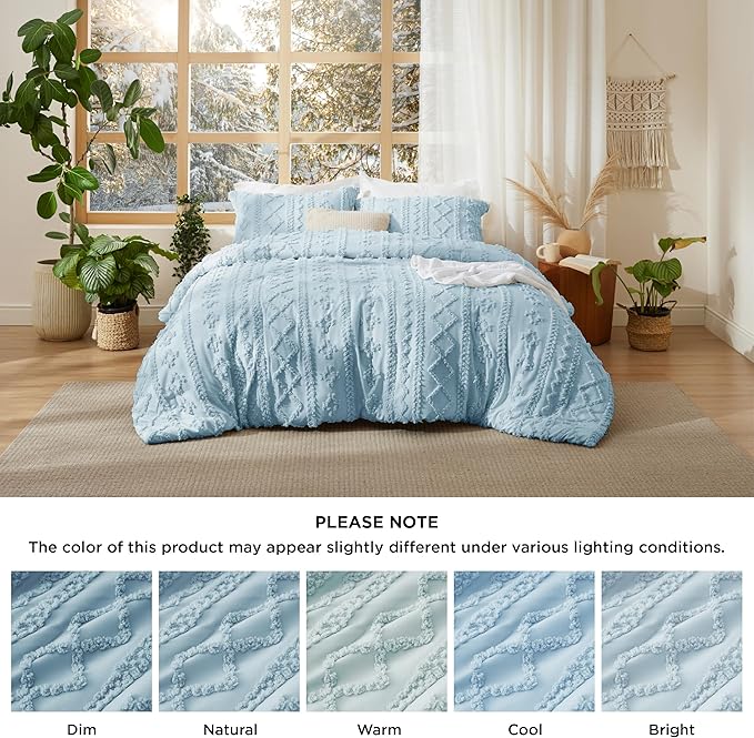 Bedsure Tufted Boho Comforter Set Queen Size - Light Blue Boho Bed Set, GentleSoft™ 3 Pieces Farmhouse Shabby Chic Embroidery Bedding, Gifts for Woman, Soft Jacquard Queen Comforter for All Seasons