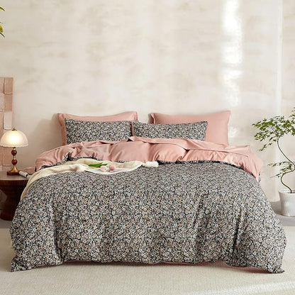 Wake In Cloud - Floral Comforter Set with Sheets, Cute Vintage Flower Cottagecore Aesthetic for Women Teen Girls, 7 Pieces Bed in a Bag, Black, Full Size