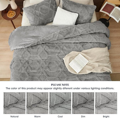 PHF Warm Sherpa Fleece Queen Comforter Set, 3D Tufted Fluffy Grey Bedding for Winter, Soft 3 Pieces Shaggy Bed Set, 1 Comforter (90"x90") and 2 Pillowcases (20"x26")