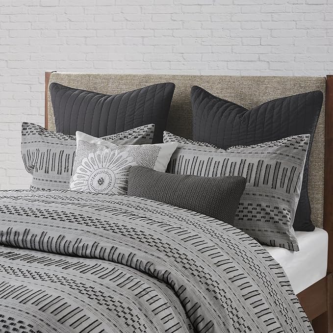 INK+IVY Luxurious Cotton-Bedding Set - Mid Century Trendy Geometric Design, All Season Cozy-Cover With Matching-Shams, Full/Queen, Rhea Jacquard Grey/Black