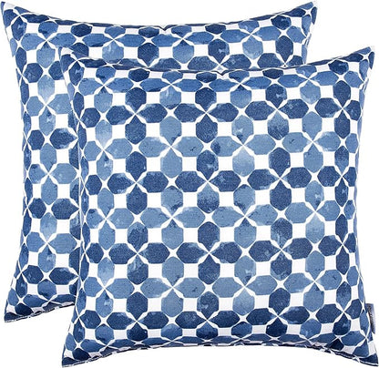 JMGBird Waterproof Outdoor Pillows Set of 2, 18x18 inch Weather Resistant White with Diamond Blue Petal Pattern Throw Pillows with Inserts for Patio Furniture