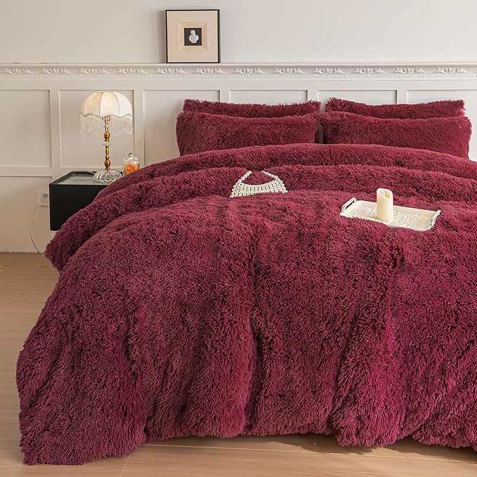 chovy Faux Fur Plush Wine Red Comforter Sets King - Ultra Soft Shaggy Flannel Velvet Fluffy Fuzzy 3PC Bedding Set (Comforter x 1 Pillowcases x 2)