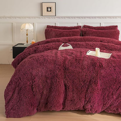chovy Faux Fur Plush Wine Red Comforter Sets Twin/Full Size - Ultra Soft Shaggy Flannel Velvet Fluffy Fuzzy 3PC Bedding Set (Comforter x 1 Pillowcases x 2)