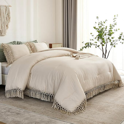 Andency Beige Comforter Set California King, 3 Pieces Boho Tassel Lightweight Soft Bedding Comforter Sets for King Bed, All Season Fluffy Fringe Bed Set (104x96In Comforter & 2 Pillowcases)