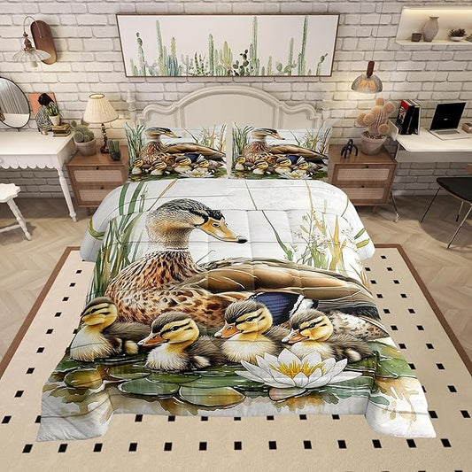 Animals Duck Queen Bedding Set,Kawaii Duck Family Comforter Set Reversible Bed Set KidsBedroom Decor,Natural Flowers Leaves 3 Pieces Quilt Set,Farmhouse Wooden Cabin Duvet Insert,2 Pillow Cases