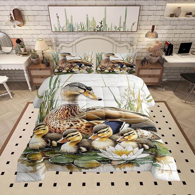 Animals Duck Toddler Bedding Set,Kawaii Duck Family Comforter Set Reversible Bed Set KidsBedroom Decor,Natural Flowers Leaves 2 Pieces Quilt Set,Farmhouse Wooden Cabin Duvet Insert,1 Pillow Case