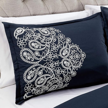 Chezmoi Collection Linz 7-Piece Navy/White Paisley Floral Scroll Embroidered Comforter Set, King
