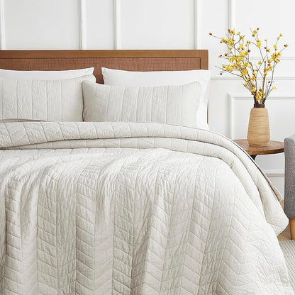 palassio Beige Cotton Quilt Queen Size Bedding Sets with Pillow Shams, White Lightweight Soft Bedspread Coverlet, Tan Cream Quilted Comforter Bed Cover for All Season, 3 Pieces, 90x96 inches