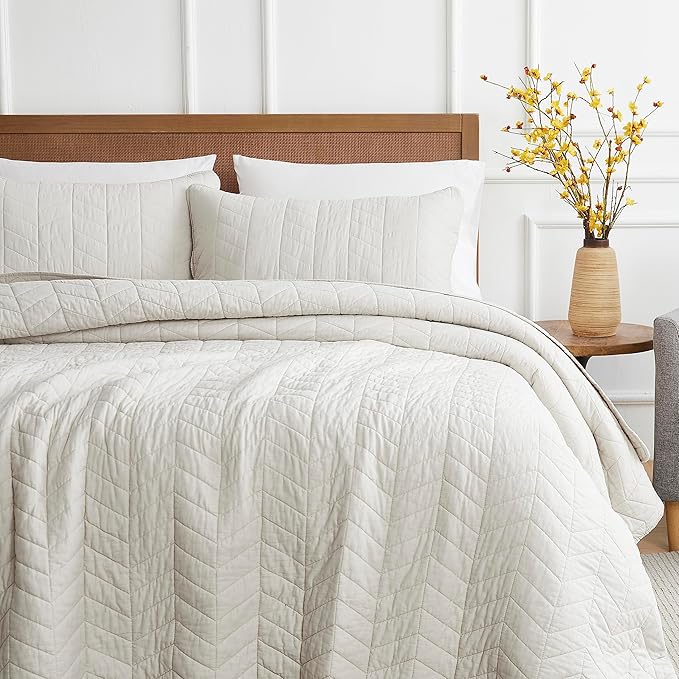 Beige Cotton Quilt California Cal King Size Bedding Sets with Pillow Shams, White Oversized Lightweight Soft Bedspread Coverlet, Tan Cream Bed Cover for All Season, 3 Pieces, 118x106 inches