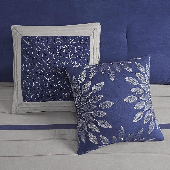 Madison Park Cozy Comforter Set-Luxury Faux Suede Design, Striped Accent, All Season Down Alternative Bedding, Matching Shams, Decorative Pillow, Blue, California King (104 in x 92 in)