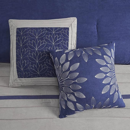 Madison Park Cozy Comforter Set-Luxury Faux Suede Design, Striped Accent, All Season Down Alternative Bedding, Matching Shams, Decorative Pillow, Blue, California King (104 in x 92 in)