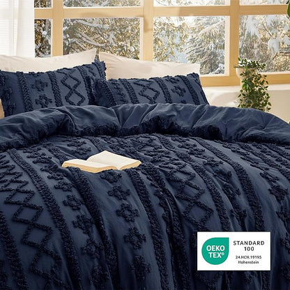 Bedsure Tufted Boho Comforter Set Twin Size - Navy Boho Bed Set, GentleSoft™ 2 Pieces Farmhouse Shabby Chic Embroidery Bedding, Gifts for Woman, Soft Jacquard Twin Comforter for All Seasons