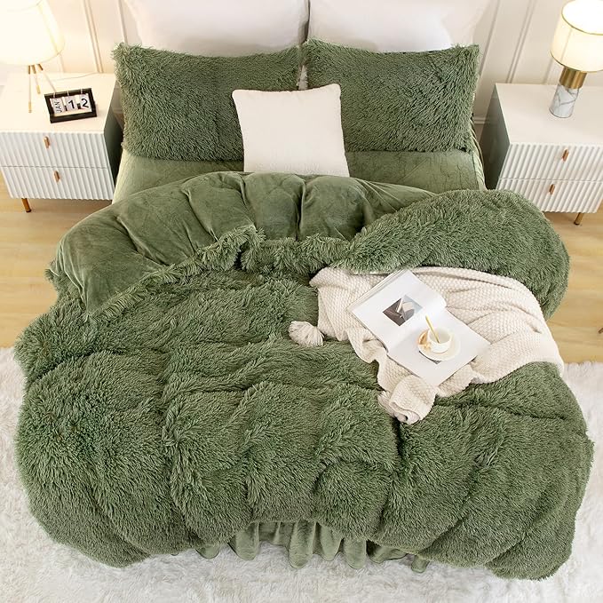 Andency Faux Fur Sage Green Comforter Set King Size, 3 Pieces Fluffy Fuzzy Plush Bedding Comforter Set (1 Shaggy Velvet Comforter & 2 Pillowcases), Soft Puffy Comfy Down Comforter Bedding Set