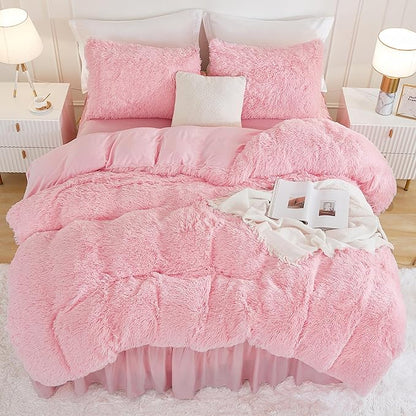 Andency Pink Comforter Full Size, 3 Pieces Fluffy Faux Fur Warm Soft Fuzzy Plush Bedding Comforter Set, Puffy Comfy Down Alternative Comforter Blanket Set