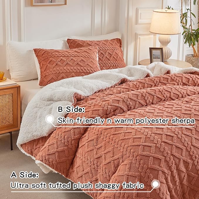 Joyreap 3-Piece Fluffy Faux Fur Sherpa Comforter Set, Queen Size Brownish Red Luxury Tufted Bedding Comforter Set, All Season Soft n Cozy Plush Comforter Bed Set- 88x88 inches