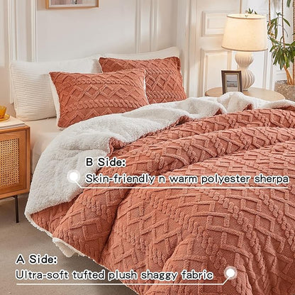 Joyreap 3-Piece Fluffy Faux Fur Sherpa Comforter Set, Twin Size Brownish Red Luxury Tufted Bedding Comforter Set, All Season Soft n Cozy Plush Comforter Bed Set- 68x86 inches