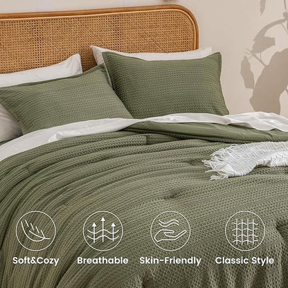 PHF Soft Waffle Comforter Set King Size- Comfy Breathable Waffle Weave Comforter with 2 Pillow Shams, 3 Pieces Less Snagging Lightweight Textured Bedding Set for All Season, Olive Green