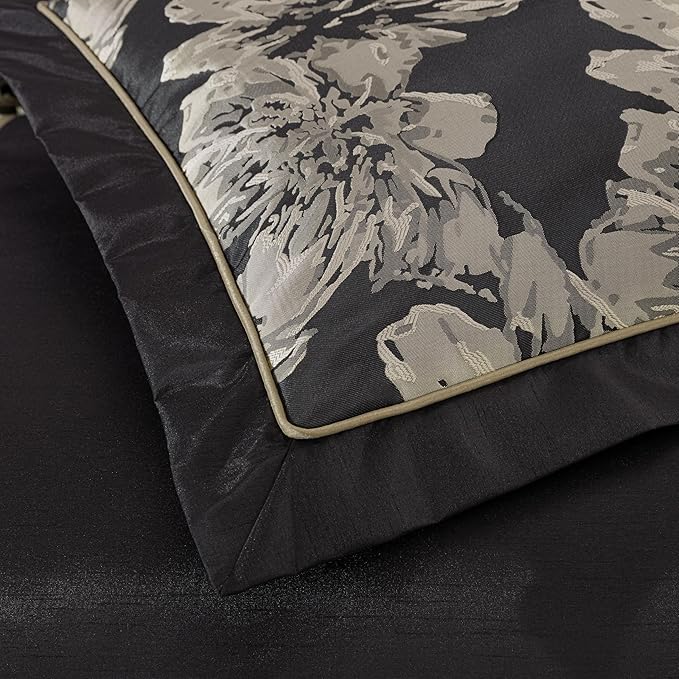 Chezmoi Collection Cameron Comforter Set California King Size, 7-Piece Black Gold Hibiscus Floral Jacquard Bedding Set