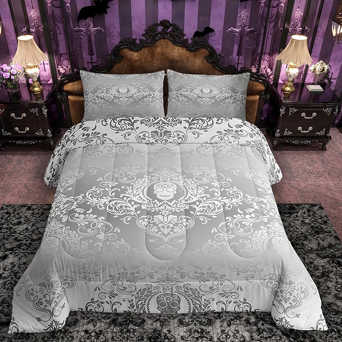 Feelyou Adults Silver Vintage Damask Floral Comforter Set Oriental Antique Comforter Twin Size Gothic Bohemia Boho Bedding Set Exotic Sugar Skull Duvet Set Quilt Set 2Pcs