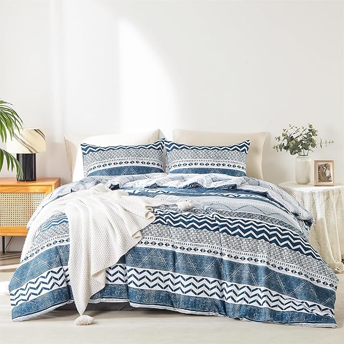 BOLINLIVING Comforter Set King Size, Boho Bed in a Bag 3 Pieces, Soft Bohomian Comforter Set, Lightweight Breathable for All Seasons,1 Comforter & 2 Pillowcases (Blue 104×90 inch)