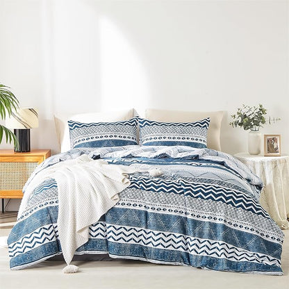 BOLINLIVING Comforter Set Full Size, Boho Bed in a Bag 3 Pieces, Full Soft Bohomian Comforter Set, Lightweight Breathable for All Seasons,1 Comforter & 2 Pillowcases (Blue 79×90 inch)