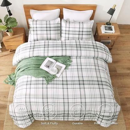 Andency Green White Plaid Comforter Set Twin(66x90 Inch), 2 Pieces Preppy Grid Gingham Stripes Bedding Comforter Sets for Boys Girls Kids, Green Line Soft Lightweight Geometric Reversible Bed Set