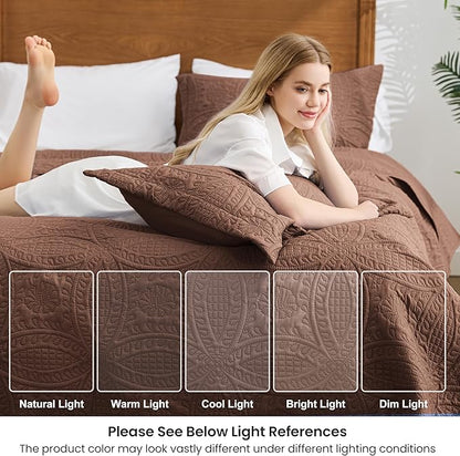 Love's cabin Quilts for Full Bed Brown Bedspreads Bedding Set - Lightweight Bedspread Comforter - Coin Pattern Bedding Coverlet for All Season - 3 Pieces (1 Quilt, 2 Pillow Shams)