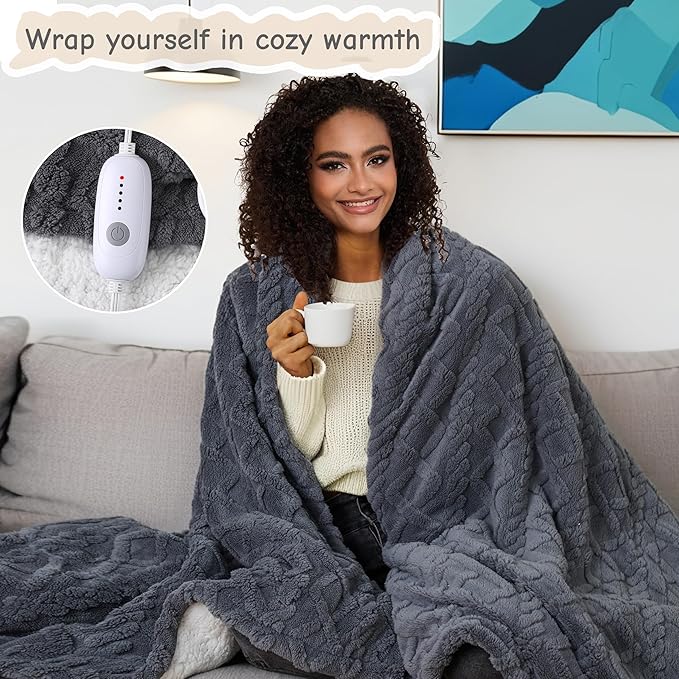 Electric Heated Blanket Throw Size 50"x60", Ultra Soft Sherpa Fleece, 5 Heat Levels & 3-Hour Auto-Off, Fast Heating for Cozy Winter Comfort, Dark Gray