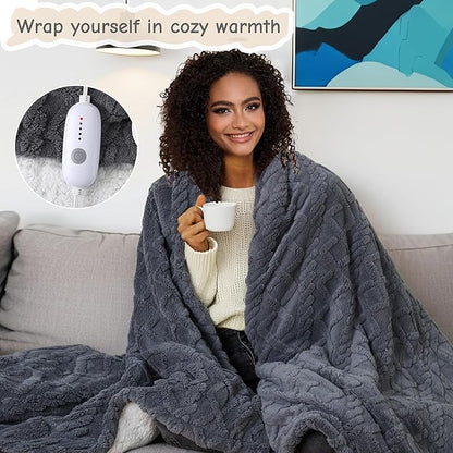 Electric Heated Blanket Throw Size 50"x60", Ultra Soft Sherpa Fleece, 5 Heat Levels & 3-Hour Auto-Off, Fast Heating for Cozy Winter Comfort, Dark Gray