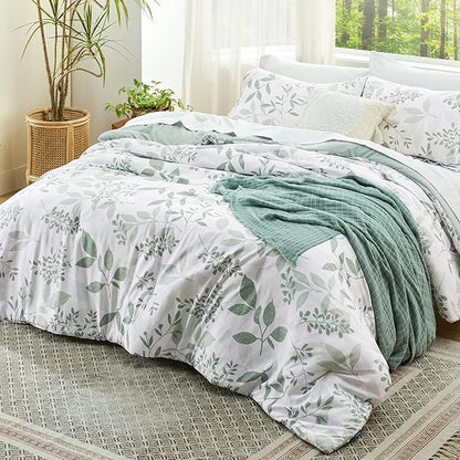 Bedsure Twin/Twin XL Comforter Set Dorm Bedding - White & Green Floral Comforter Set, Twin Extra Long Comforter for College, 2 Pieces Summer Bed Includes 1 Pillow Sham Floral Sage Green