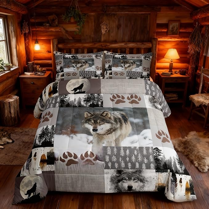 Wolf Kids Comforter Set Queen Size,Wolf Paws Print Pine Trees Wild Adventure Bedding Set,Boys Girls Adults Room Decor,Geometric Plaids Patchwork Down Comforter,Rustic Duvet Insert,2 Pillowcases