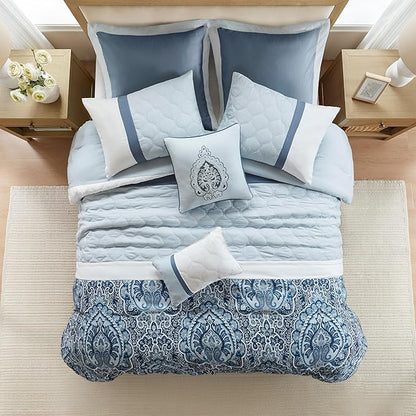 510 DESIGN Luxe Quilted Comforter Set Modern Transitional Design, All Season Down Alternative Warm Bedding Matching Shams, Bedskirt, Decorative Pillow, Queen, Shawnee Scrollwork Blue