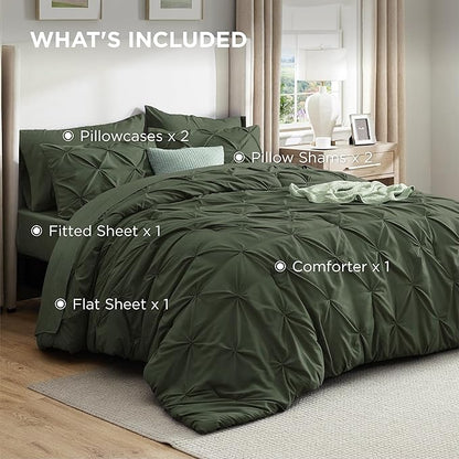Bedsure California King Comforter Set Olive Green - Bed in a Bag Cal King Bedding Set 7 PCS, GentleSoft™ Pintuck Bed Set Gift for Family, Pinch Pleat Green Comforter with Sheets, Pillowcases & Shams