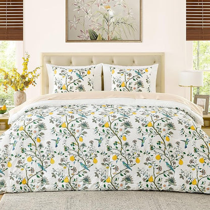 MUSSEL Bedding King Comforter Set 3 Pieces,White Vintage Botanical Floral Pattern Bed Comforter Sets,Boho Whimsical Modern Printed Design Cute Seersucker Bedroom Comforter and Shams