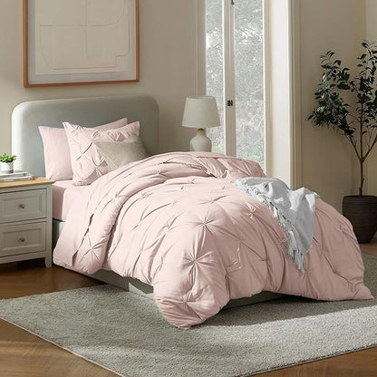 Nestl Twin Comforter Set 5 Piece, Pintuck Twin Bedding Set Blush Pink, College Dorm Room Essentials for Girls and Boys Bed in a Bag Twin All Season, Twin Comforter Set with Sheets, Pillowcase and Sham