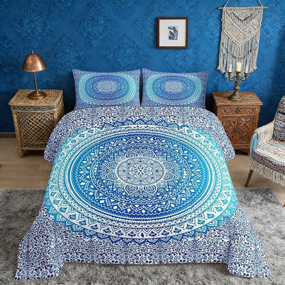 Mandala Boho Comforter Set Queen for Boys Kids Blue Psychedelic Room Decor Aesthetic Comforter Aldults Bedroom Indian Hippie Bedding Set 1 Comforter with 2 Pillow Cases,Lightweight Warm Soft