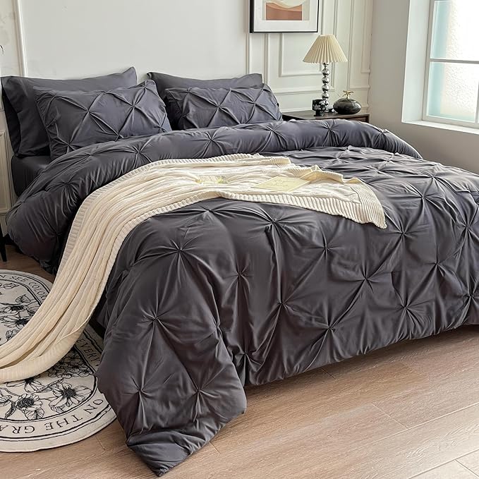 Maple&Stone Full Size Comforter Sets, 7 Pieces Bedding Sets Full, Pintuck Bed in a Bag Bed Set with Comforter, Sheets, Pillowcases & Shams - Dark Grey