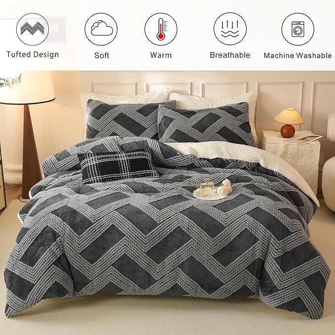 Tufted Boho Comforter Set Twin - Grey Fluffy Sherpa Bedding Set, Soft Fuzzy Jacquard Quilt Set, 2 Pieces Cozy Bed Set Warm Comforter for Winter(68"X90")