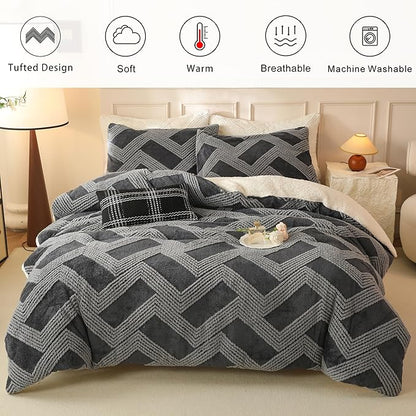 Tufted Boho Comforter Set King - Grey Fluffy Sherpa Bedding Set, Soft Fuzzy Jacquard Quilt Set, 3 Pieces Cozy Bed Set Warm Comforter for Winter(104"X90")