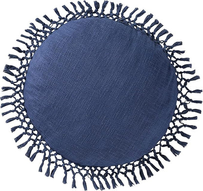 Indigo Ink - Decorative Throw Pillows for Couch or Bed, Boho Home Décor Round Cotton 20" x 20" Pillow with Tassels (Tufted Medallion Collection, Navy Blue)